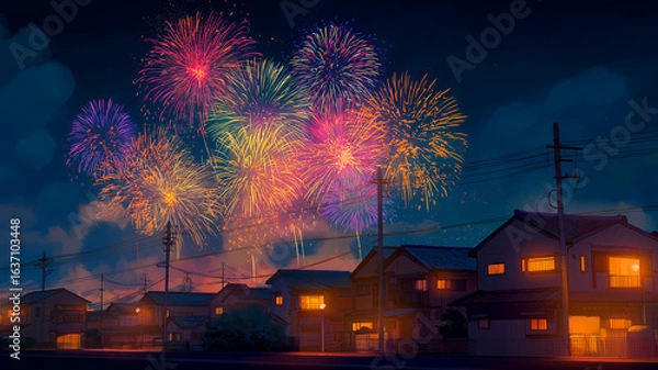 Fototapeta 夏の夜空を鮮やかに彩る日本の打ち上げ花火と、静かに広がる住宅地の街並みを描いた情緒的なイラスト。夏祭り、夜景、観光、花火大会、暮らし、イベント告知、背景素材やデザイン装飾にも最適な和風情景。