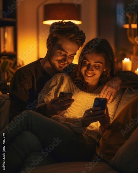 Fototapeta Cozy Night In: A Couple Relaxing on a Sofa Using Their Smartphones Under Warm Lighting