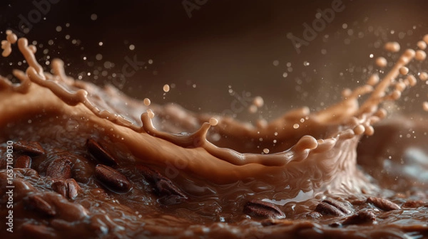 Fototapeta Liquid Symphony: A mesmerizing dance of coffee or chocolate milk, captured mid-splash, crowned with a delicate ripple and scattered coffee beans, against a richly toned backdrop.