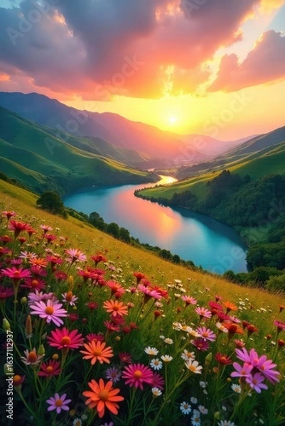 Fototapeta Serene vista of rolling hills, vibrant wildflowers, and a crystal-clear lake under a breathtaking sunset Perfect for travel, nature, and environmental projects , calm, mountain