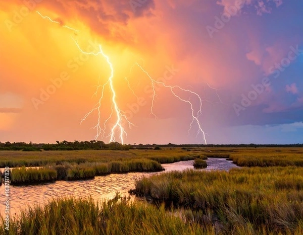 Fototapeta Dramatic lightning storm over a marsh