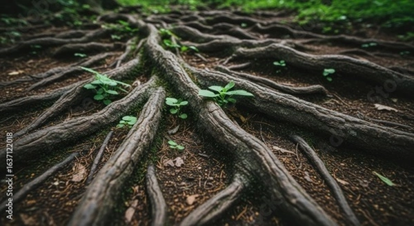 Fototapeta Intertwined roots sprawl across the forest floor, punctuated by small sprouts