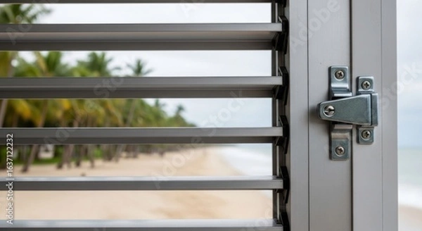 Fototapeta Louvered window's view palm trees, beach, ocean, slightly overcast sky