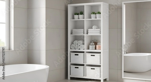 Fototapeta A slim vertical cabinet with open shelves and white storage bins, in corner of the bathroom