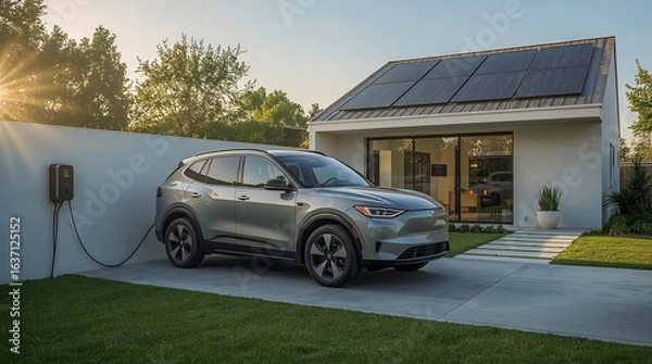 Fototapeta A modern, light-colored electric SUV is parked in a driveway and charging from a wall-mounted station. The house features solar panels on the roof and large windows.