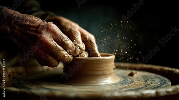 Obraz Skilled hands shape clay on a potter's wheel