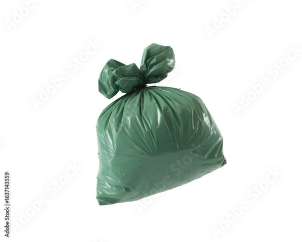 Obraz Green plastic trash bag isolated on white background for waste management and recycling concepts
