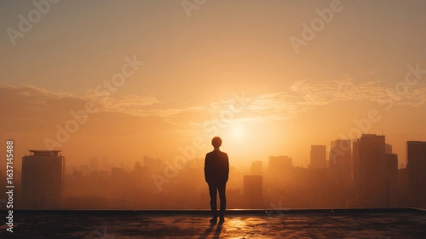Obraz A photo of a businessman wearing a suit standing with his back to the camera in the setting sun, conveying the company's vision.