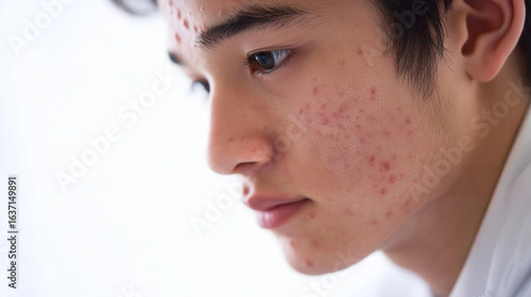 Obraz 高校生の男性で思春期に肌荒れで赤いニキビのある頬の写真