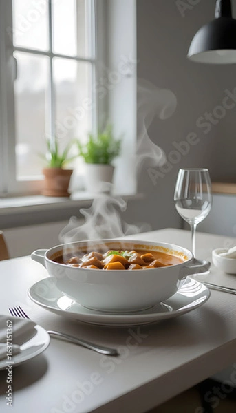 Obraz Elegant Studio Shot of Hot Dumpling Soup in a White Bowl