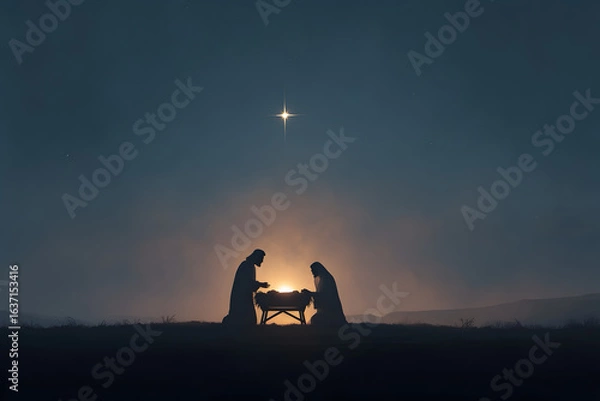 Fototapeta Digital painting of a serene nativity scene featuring Mary, Joseph, and baby Jesus in a simple wooden manger