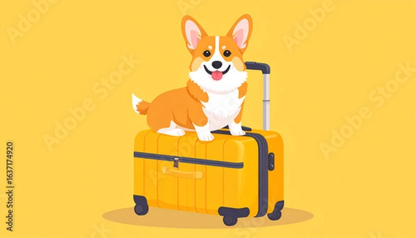 Fototapeta Happy Corgi on Suitcase with Travel.