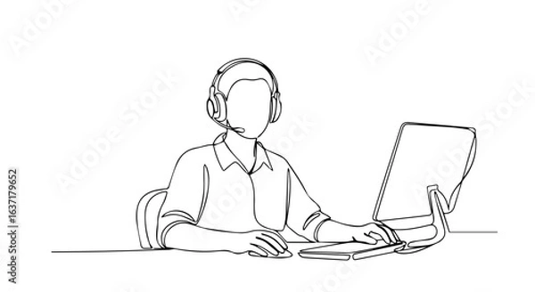 Fototapeta Continuous line drawing showing customer service representative wearing headset working on computer, line drawing. This line drawing illustrates support assistance and connection with customers.