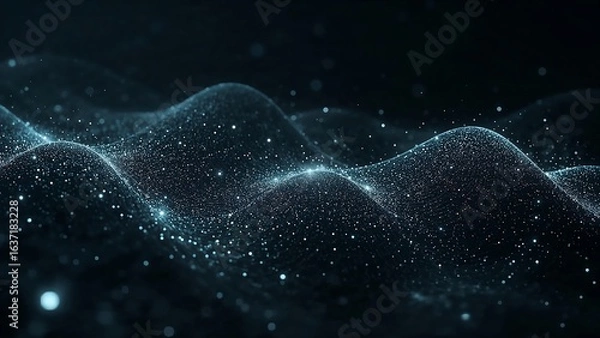 Fototapeta Photo of abstract dark blue background with glowing particles forming waves for modern technology design