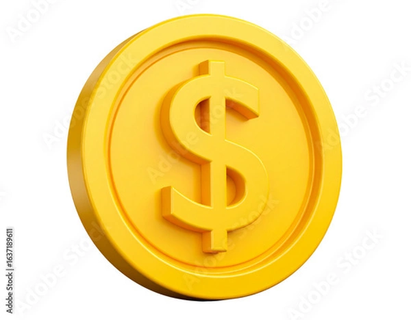 Obraz  Tilted 3D Gold Coin with Dollar Symbol in Playful Plastic Style, isolated on transparent background PNG