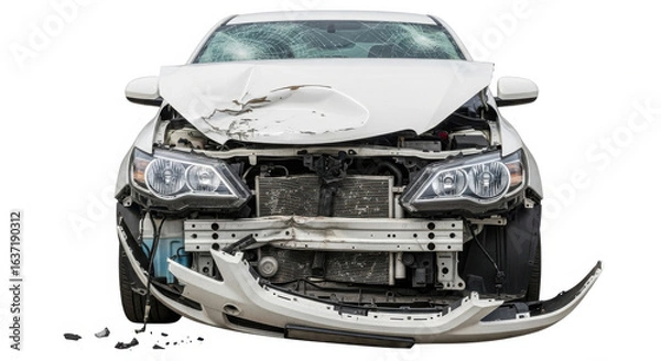 Fototapeta Damaged car front white sedan broken windshield crumpled hood exposed engine accident aftermath isolated on white background vehicle collision dramatic impact