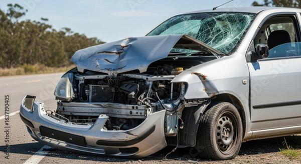 Fototapeta Damaged silver car with smashed front end, broken windshield, and exposed engine after road accident on rural highway, evoking shock and concern
