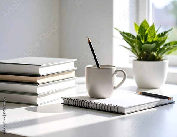 Obraz Sunny Desk Books with Coffee, and Plant.