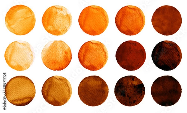 Fototapeta Watercolor circles in shades of orange and brown colors isolated on white background.