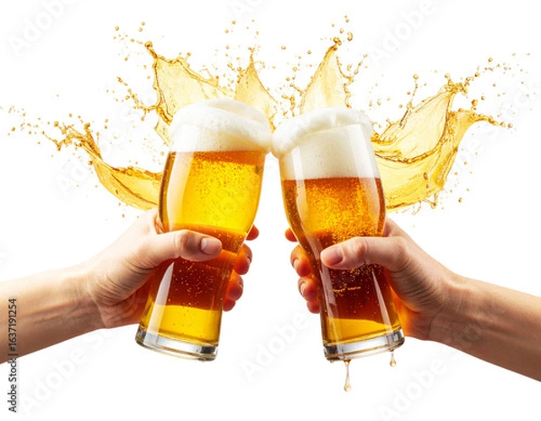 Fototapeta Two Beer Mugs Clinking with Splash and Foam Burst, isolated on transparent background PNG