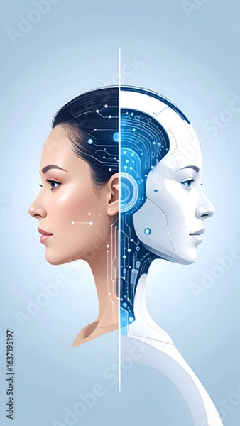 Obraz Woman with Robot, AI, Split Face, and Digital.