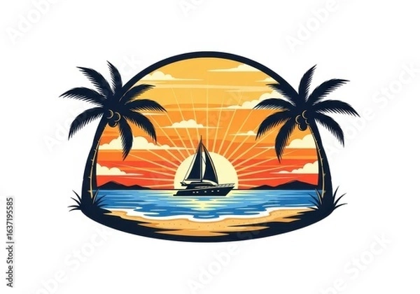Fototapeta Tropical seascape with sailboat at sunset in a bordered island frame