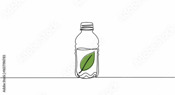 Obraz Single line drawing of plastic bottle with leaf inside.  Simple illustration of eco friendly bottled water.  Concept image for detox products and healthy lifestyle.