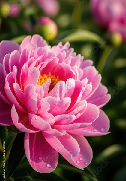 Fototapeta Captivating close-up of a blooming pink peony with delicate water droplets