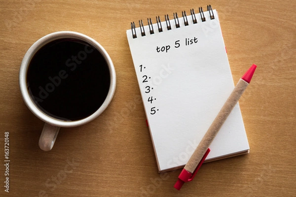 Fototapeta Top 5 list - handwriting on a notebook with cup of coffee