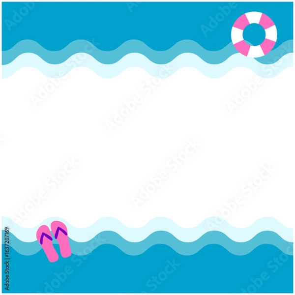 Obraz 夏の海と波の背景イラスト ビーチサンダルと浮き輪付きデザイン
