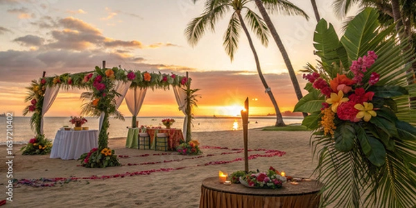 Obraz Vibrant tropical-themed birthday setup with palm leaves, bright flowers, and tiki torches, on a beach at sunset.
