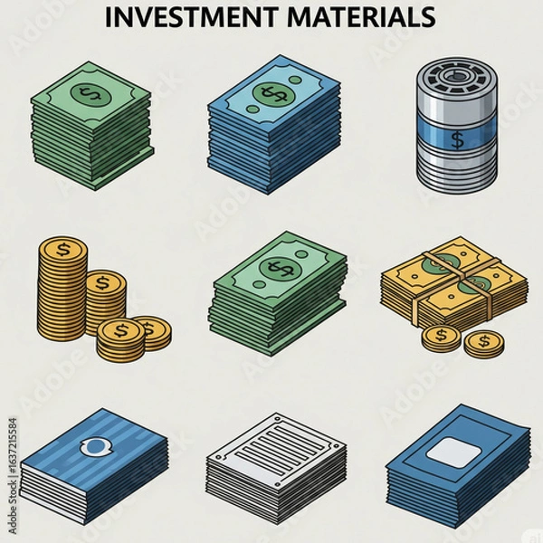 Obraz Investment-related Items Icon Set (Color). A Set of Color Icons Themed Around Investment, including Money, Documents, and Tools. Investment, Finance, Business, Economy, Data, Assets.
