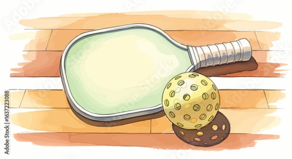 Fototapeta Hand drawn pickleball paddle and ball on wooden background with warm tones, cozy still life sports illustration for branding, packaging, and editorial use                                              