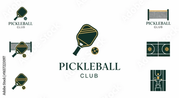 Fototapeta Hand drawn pickleball paddle club branding set with logos, court graphics, and paddle icons, versatile pack for events, merchandise, and social media                                                   