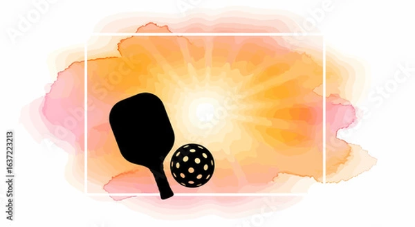 Fototapeta Hand drawn pickleball paddle with sunburst background and court net, bright sport vector for event promotions, posters, and summer-themed merchandise                                                   