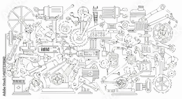 Fototapeta Detailed mechanical steampunk machine drawing with gears and cogs engineering design illustration art 100