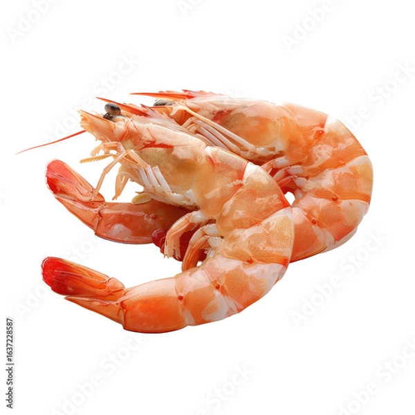 Obraz Close-up of a single cooked prawn, showcasing its shell, claws, and tail.  Its reddish-orange flesh and white segments are visible.  The prawn appears fresh and whole