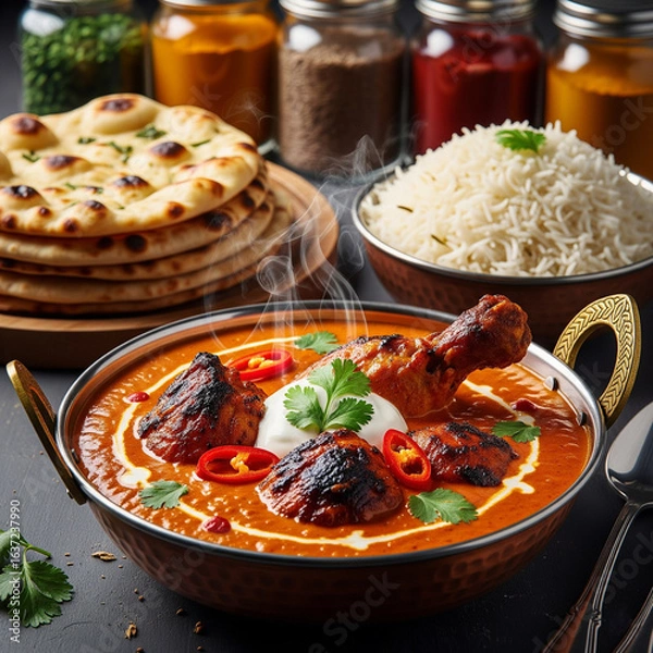 Obraz Steaming Indian Butter Chicken with Rice and Naan Bread