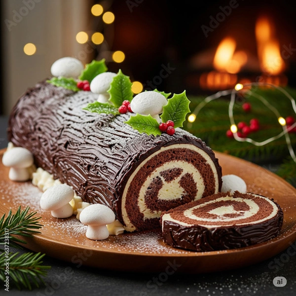 Obraz Delicious Chocolate Yule Log Cake with Holly Berries and Mushrooms