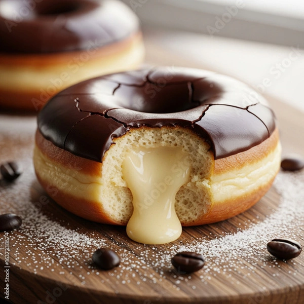 Obraz Decadent Chocolate Glazed Donut with Cream Filling and Coffee Beans
