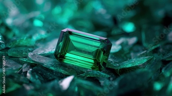 Fototapeta A stunning emerald gemstone resting amidst a bed of sparkling green crystals, showcasing its vibrant color
