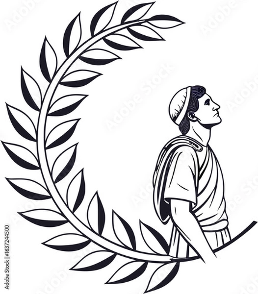 Obraz Minimal curved laurel wreath vector with man silhouette, thin elegant outline, open top design for award certificate, achievement logo badge, EPS format