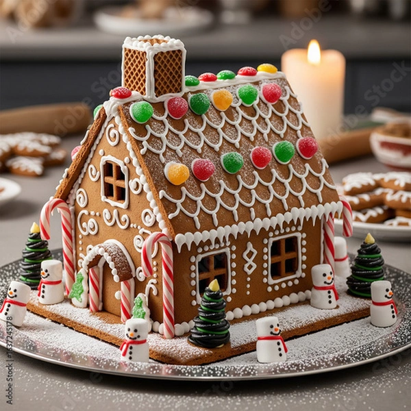 Obraz Festive Gingerbread House Decorated with Candy and Snowmen
