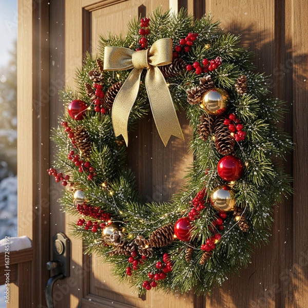 Obraz Festive Christmas Wreath with Red Berries, Pinecones, and a Golden Ribbon on a Wooden Door