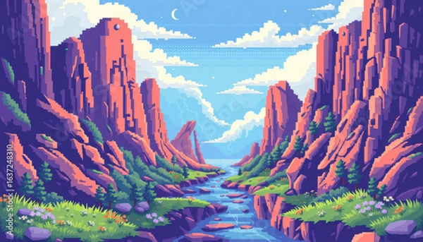 Fototapeta Pixel Art style illustration, journey through an 8-bit landscape among high mountains, valleys and sky with clouds and a river flowing through the plain