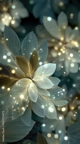 Fototapeta Glowing, ethereal flowers in soft teal and gold