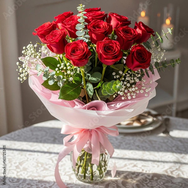 Obraz Beautiful Bouquet of Red Roses in a Vase on a Table