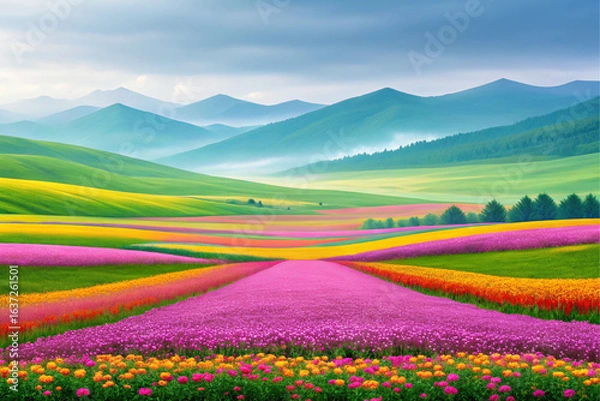 Fototapeta beautiful flower fields with mountains in background