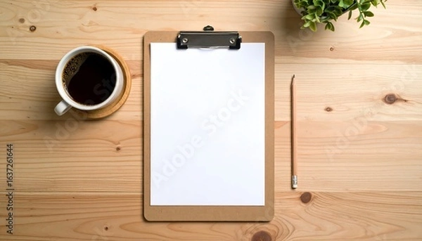 Obraz Top view of a wooden office desk with a blank clipboard, coffee, and a pencil. Workspace for business planning and creativity.
