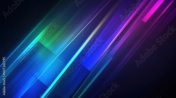 Fototapeta A sleek, digital-inspired abstract background with glowing grids, neon lines, and geometric shapes in shades of blue, green, and purple, set against a dark canvas